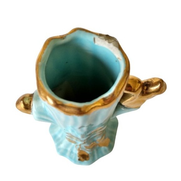 Blue Ceramic Tree Trunk 22K Gold Trim Squirrel & Leaf Design Flower Bud Vase - Picture 4 of 5